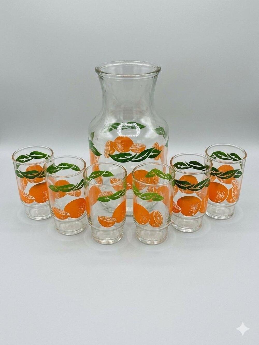 VTG Anchor Hocking Orange Juice Carafe Set 6 Glasses Mid Century Cadmium Glow UV